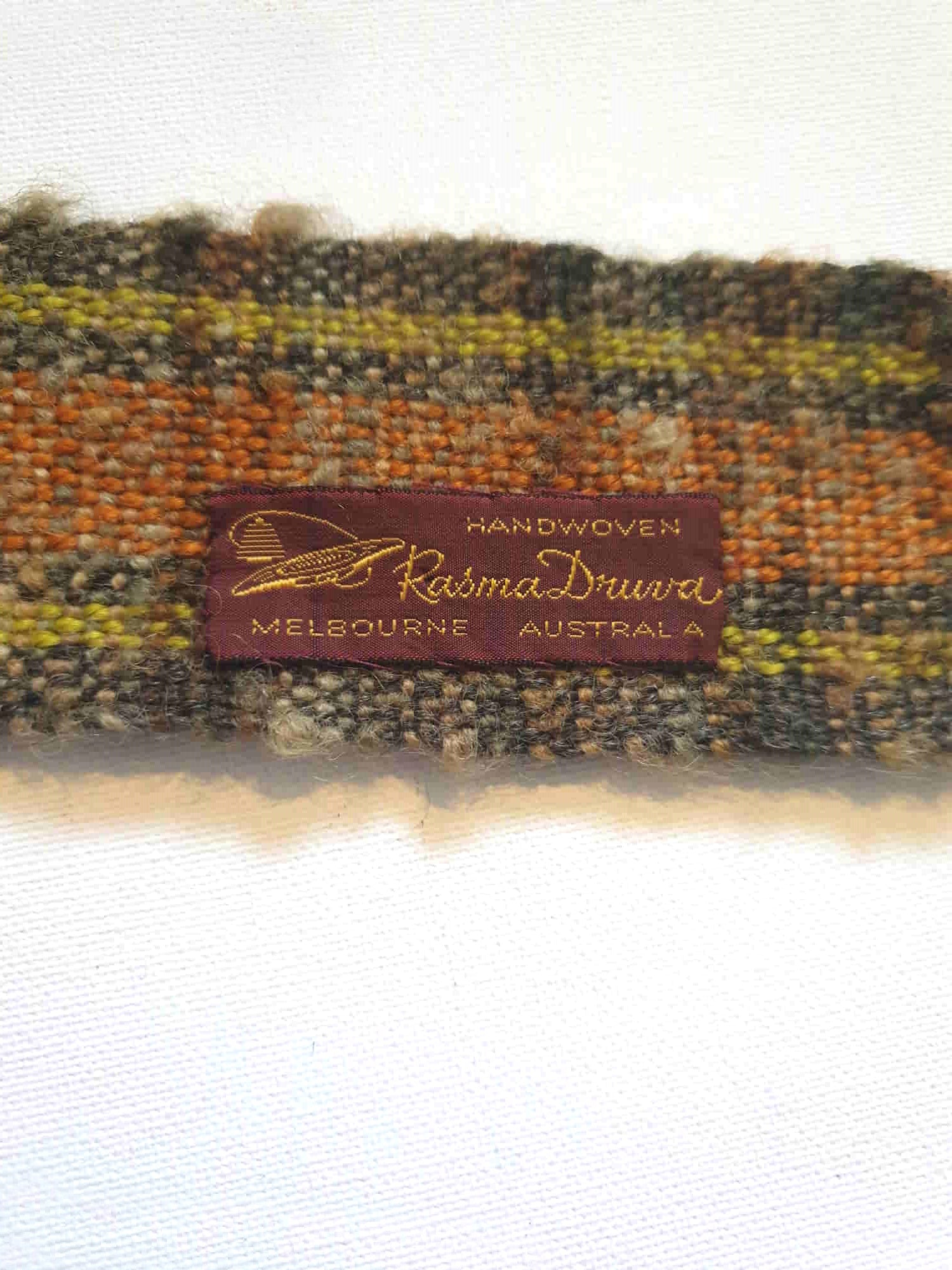 vintage handwoven necktie with square blades and fringe, brown and orange, by Rasma Druva