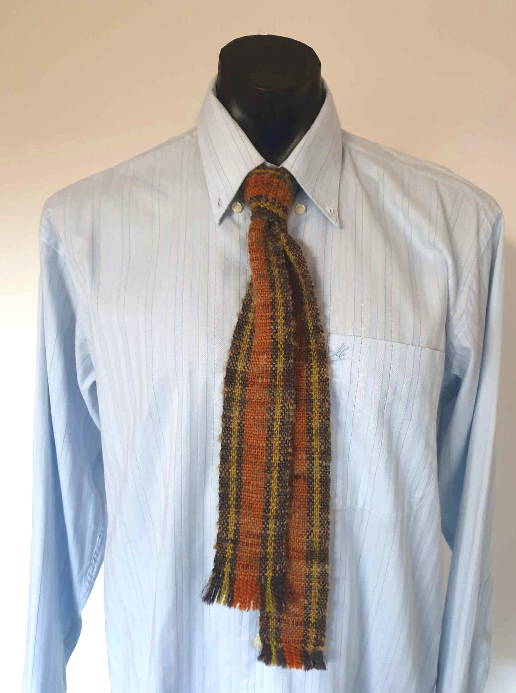 vintage handwoven necktie with square blades and fringe, brown and orange, by Rasma Druva