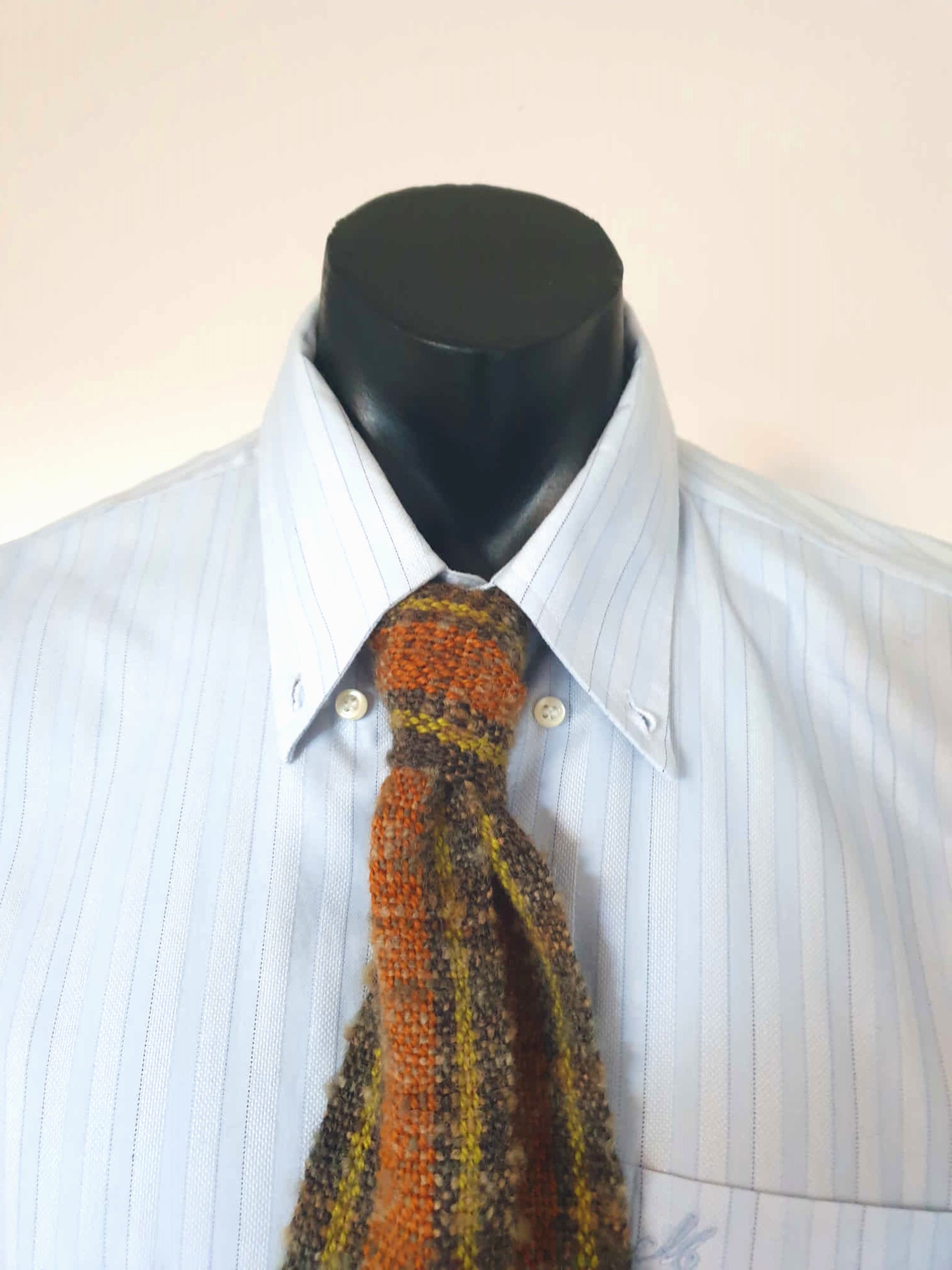 vintage handwoven necktie with square blades and fringe, brown and orange, by Rasma Druva