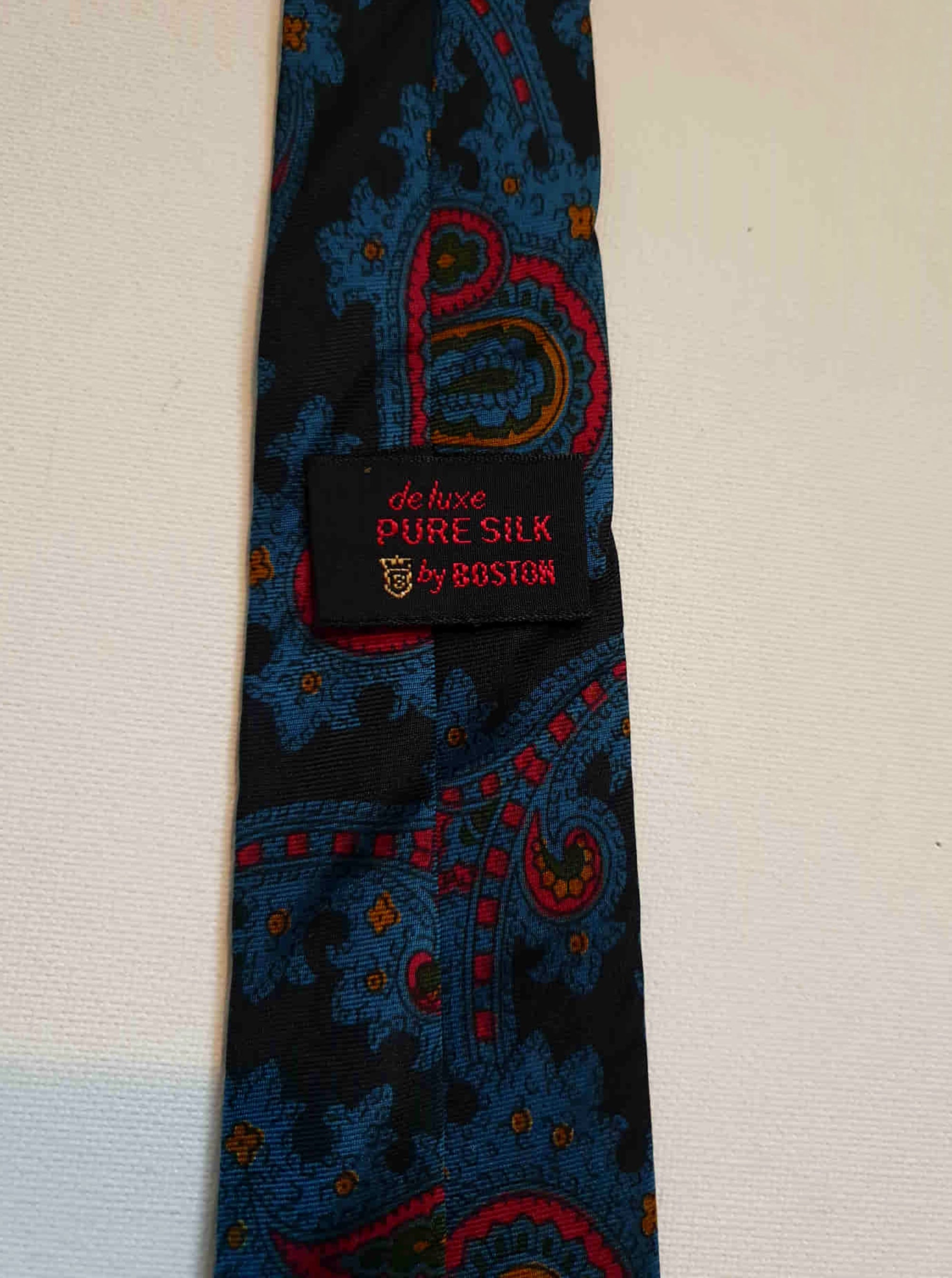 vintage 1960s blue silk paisley tie and pocket square set by boston