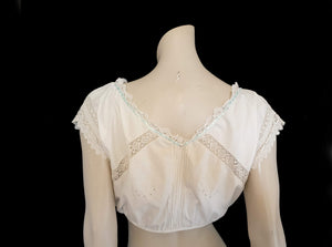 Antique victorian or edwardian corset cover, camisole with sleeves, bobbin lace inserts, pin tucks and embroidery - Medium