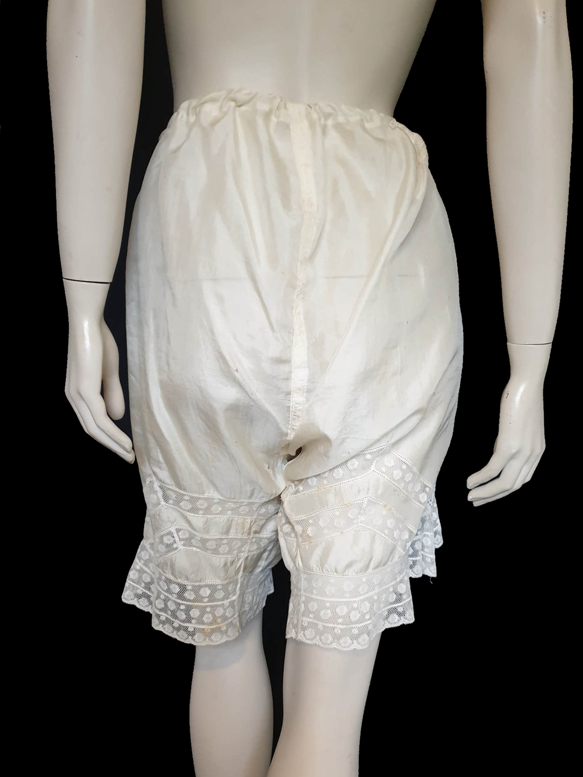 antique, edwardian cream silk knickers, underpants, with lace insertion - Large