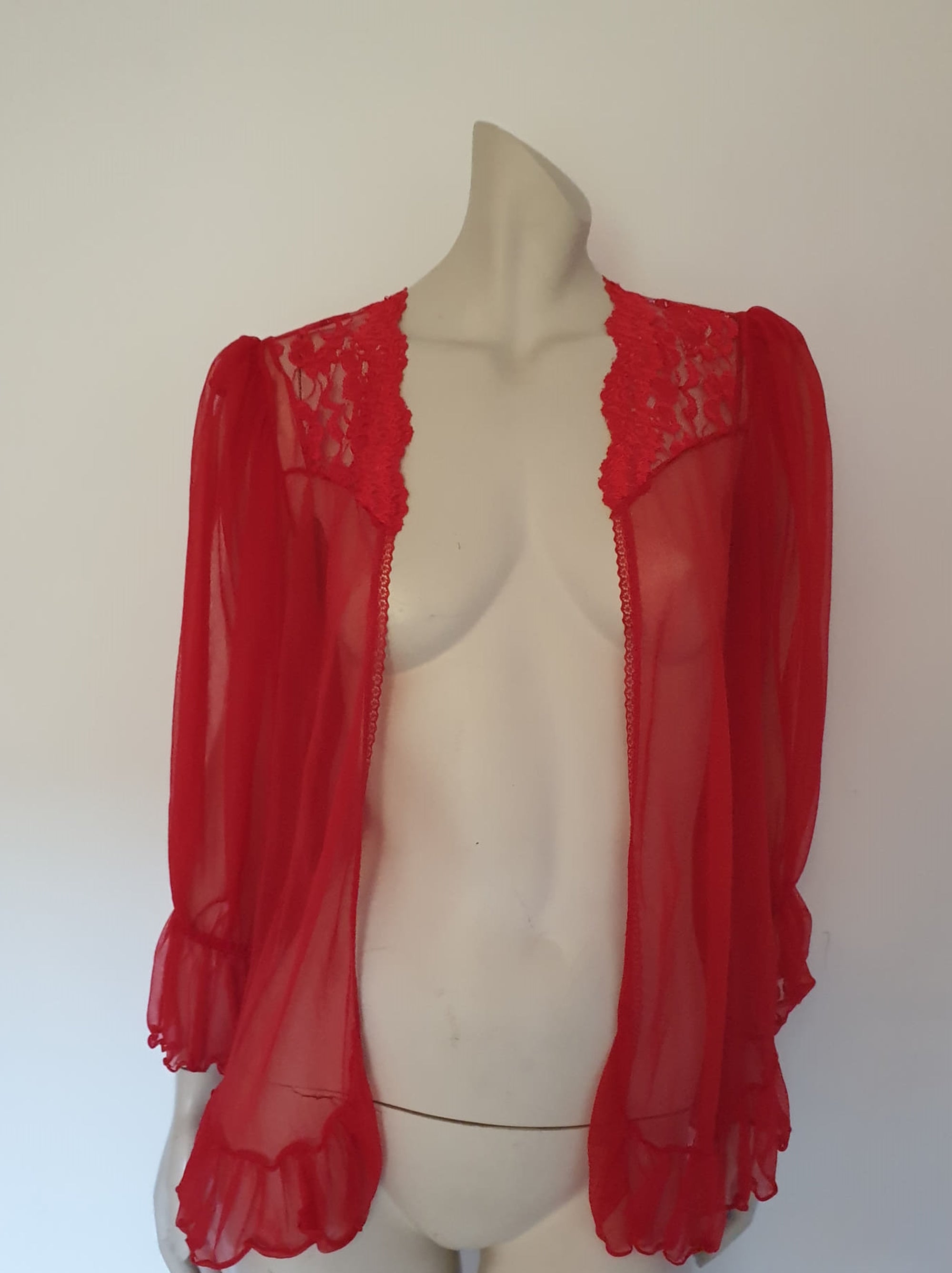 vintage sheer red mini robe with full sleeves by seductive wear - Medium