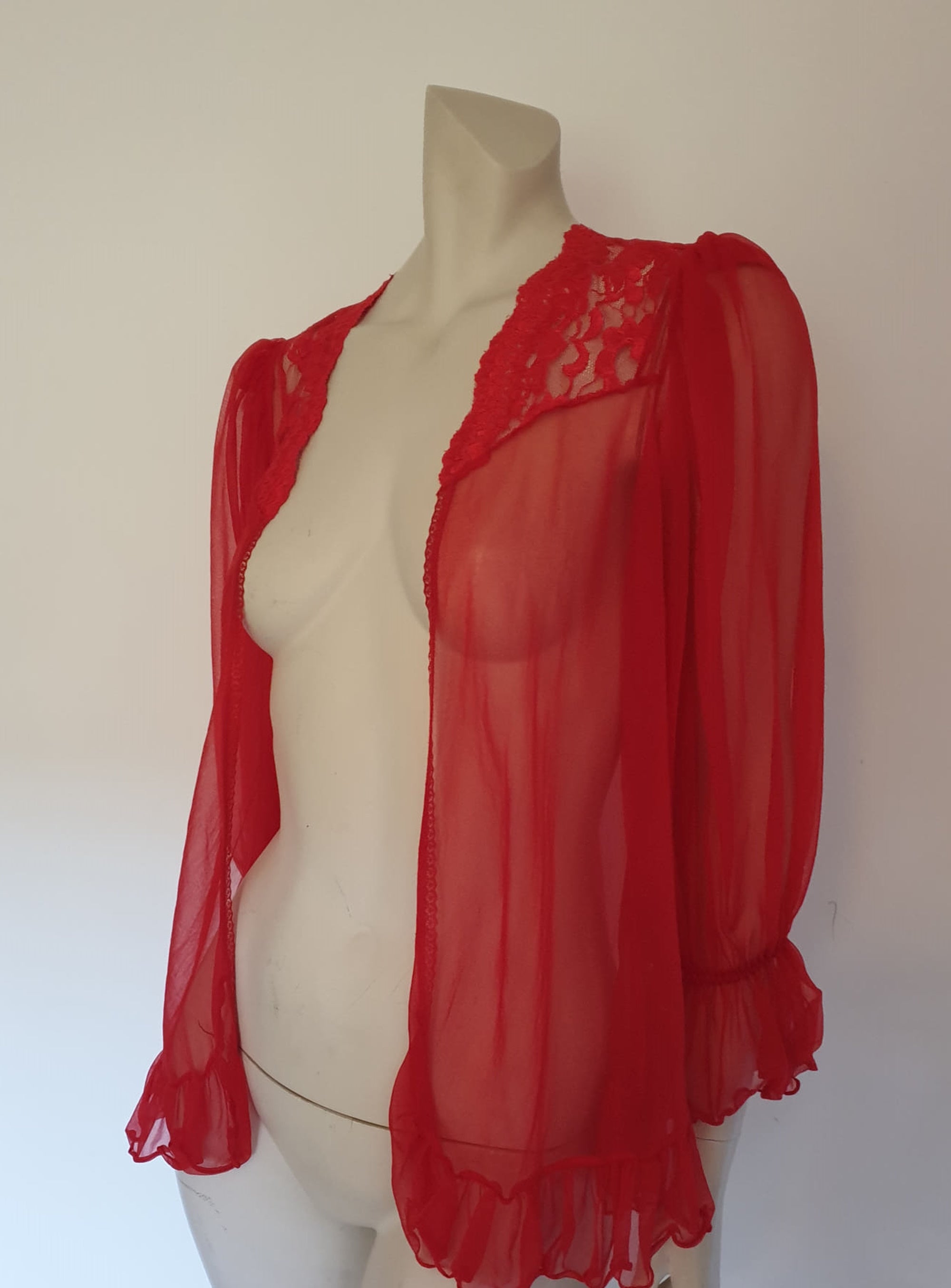 vintage sheer red mini robe with full sleeves by seductive wear - Medium