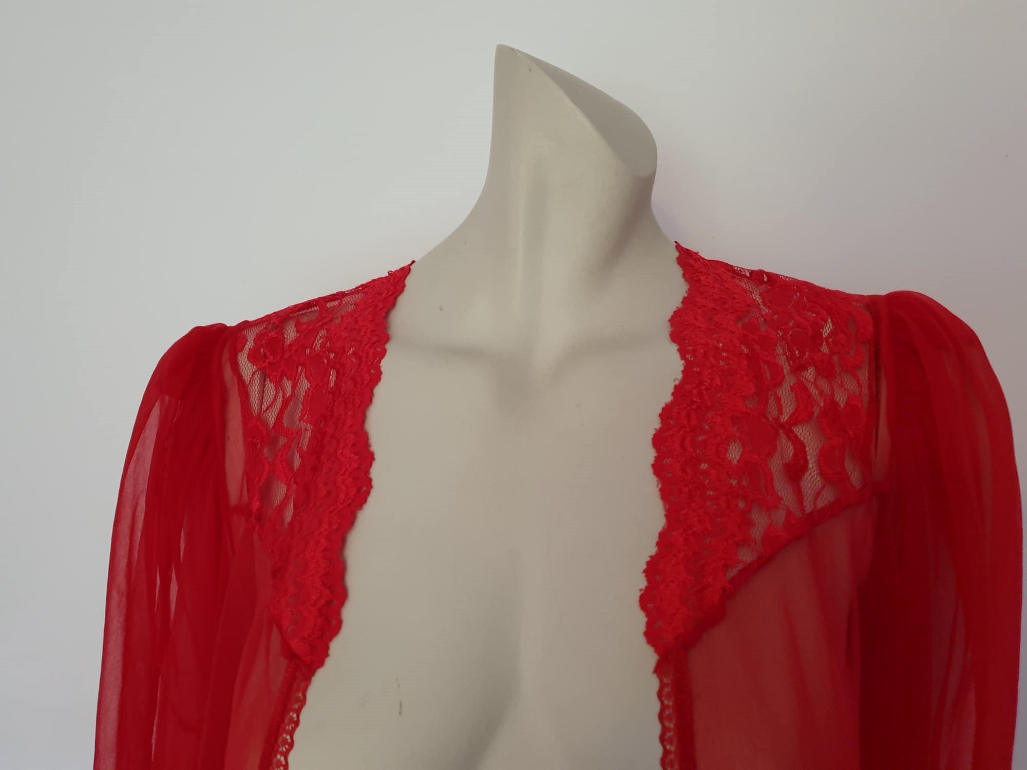 vintage sheer red mini robe with full sleeves by seductive wear - Medium