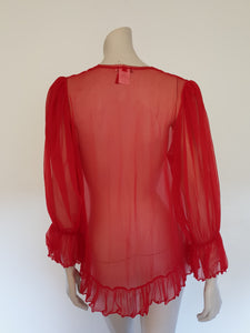 vintage sheer red mini robe with full sleeves by seductive wear - Medium