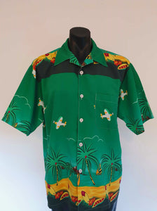 Vintage green hawaiian shirt with palm trees, surfboards and bombers - Extra large