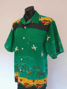 Vintage green hawaiian shirt with palm trees, surfboards and bombers - Extra large