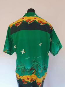 Vintage green hawaiian shirt with palm trees, surfboards and bombers - Extra large