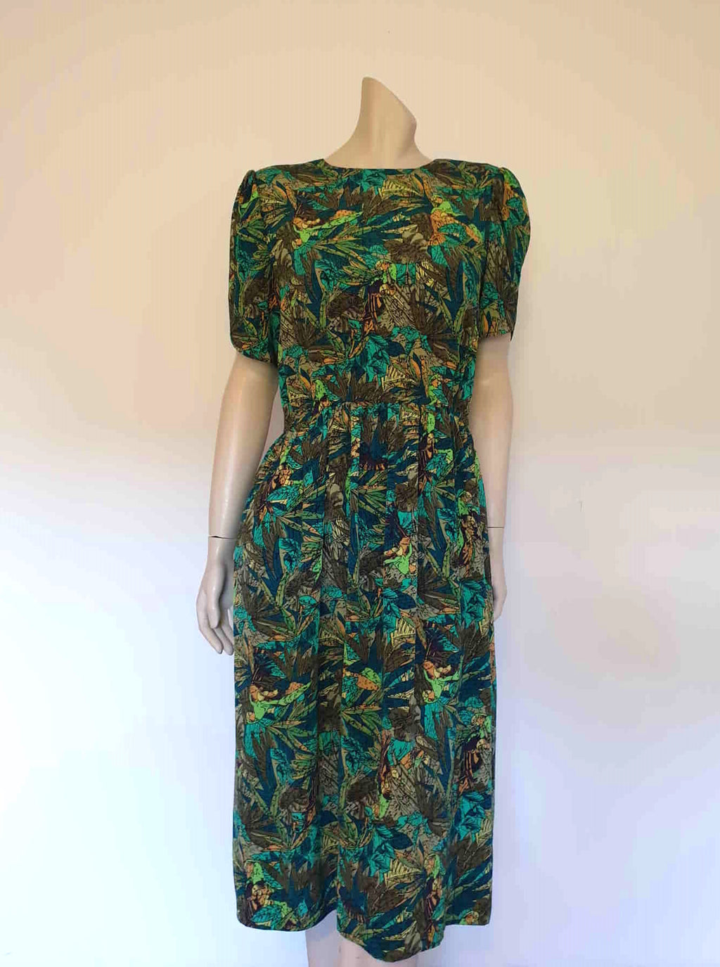 vintage 1980s green leaf print dress - Medium