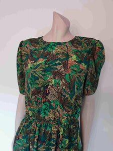 vintage 1980s green leaf print dress - Medium