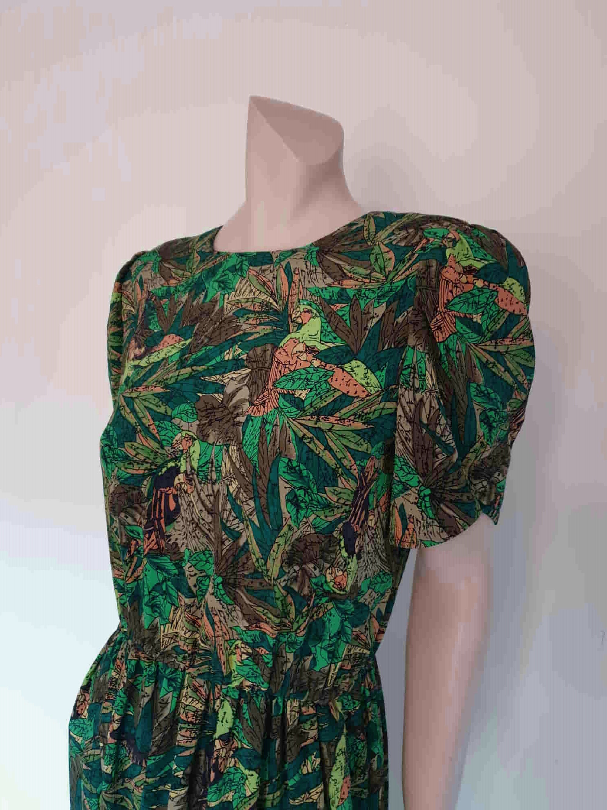 vintage 1980s green leaf print dress - Medium