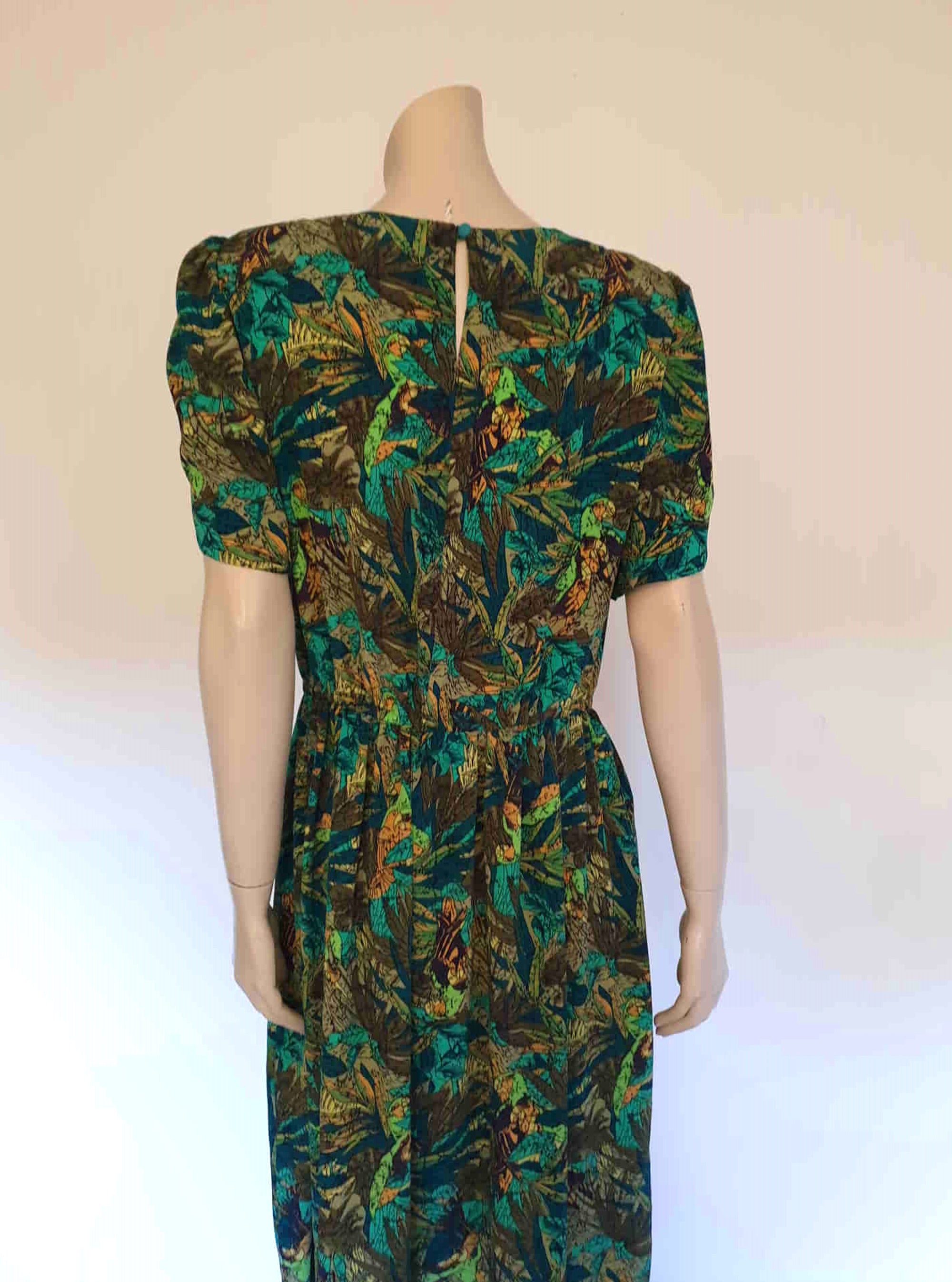 vintage 1980s green leaf print dress - Medium