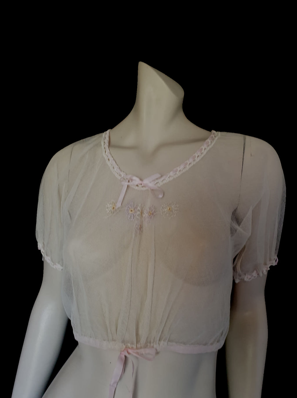 Antique sheer mesh blouse with embroidery and pink ribbons - Small