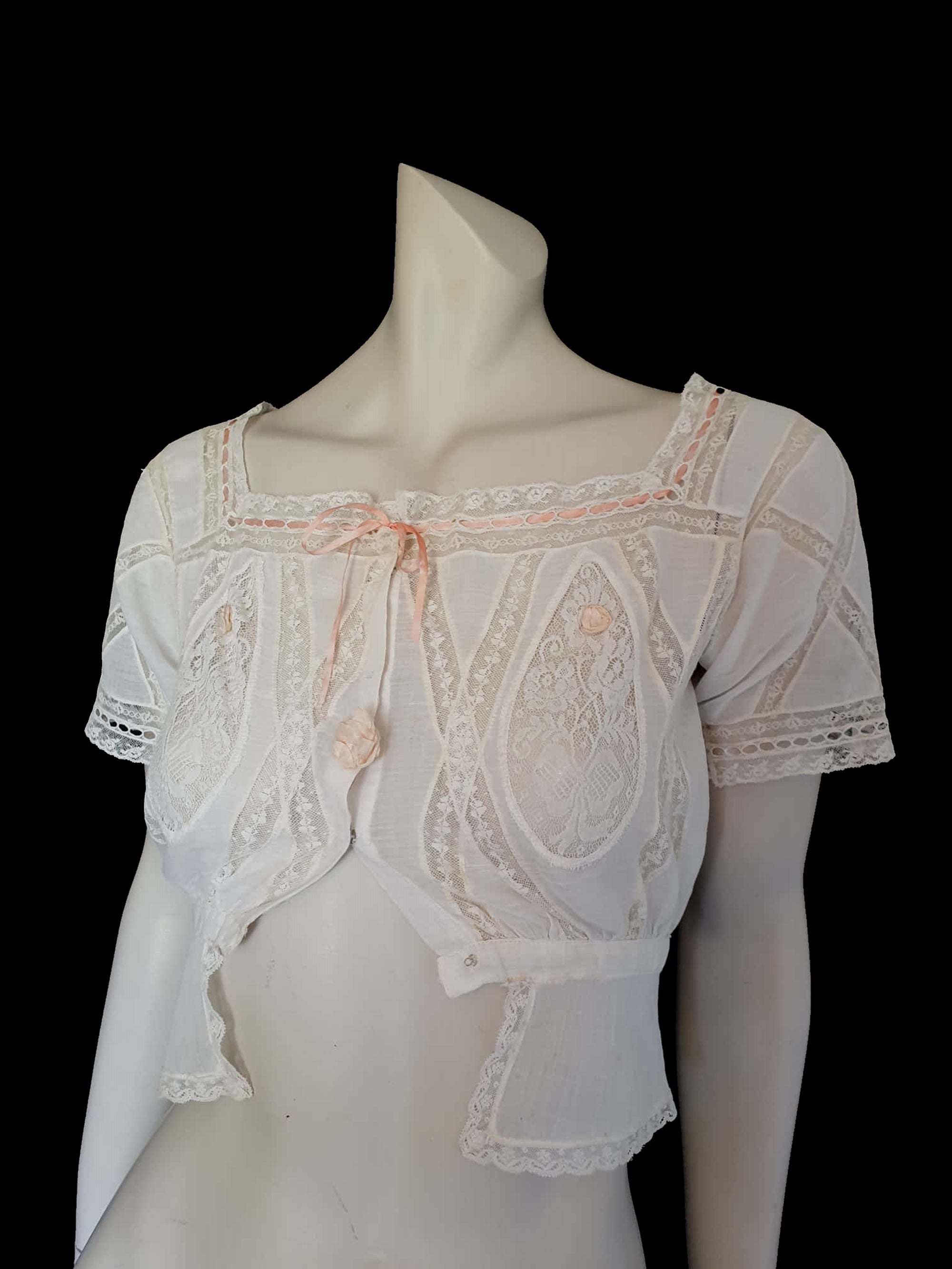 antique edwardian muslin corset cover blouse, lace inserts with ribbon rosettes - extra small