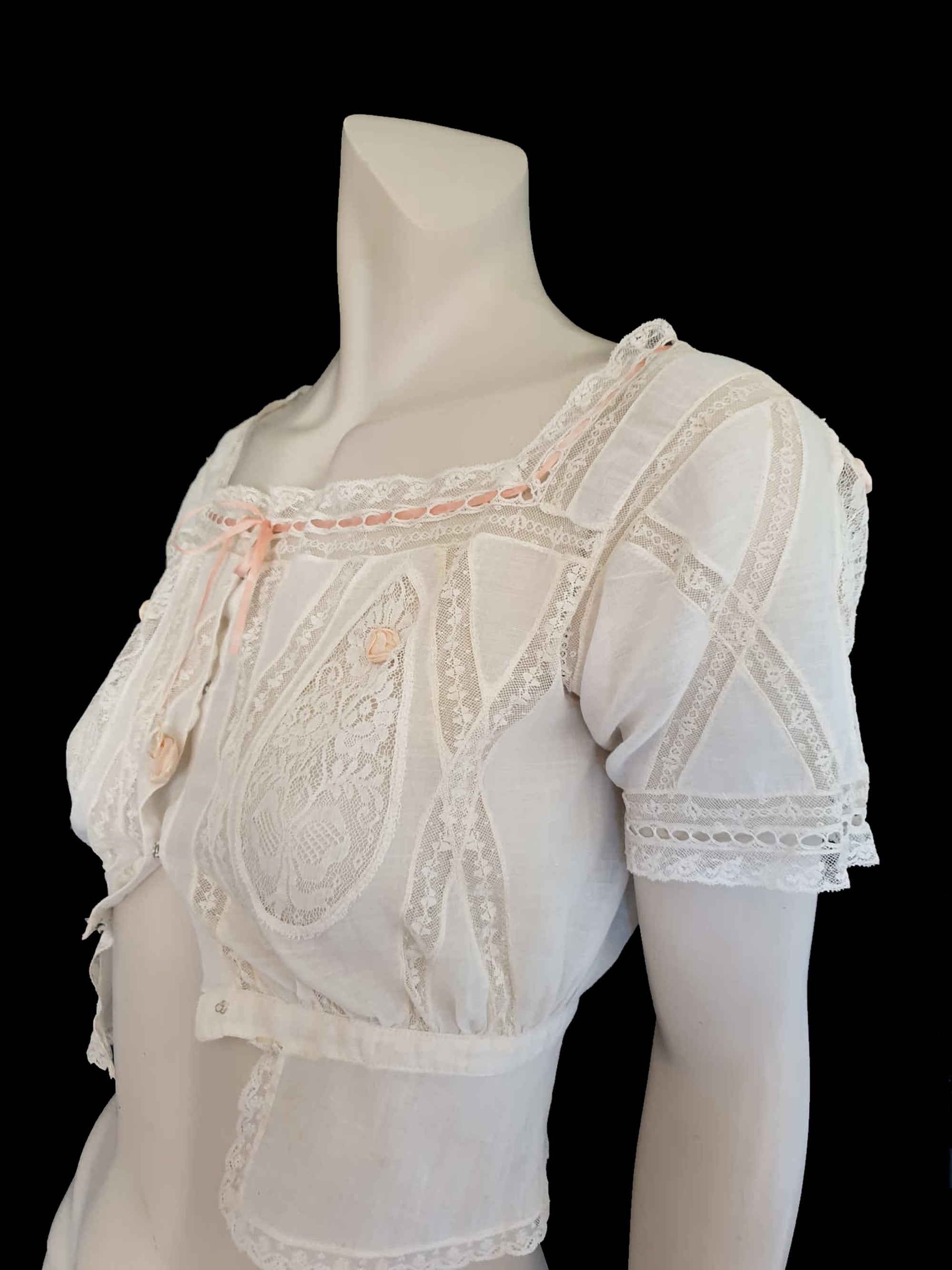 antique edwardian muslin corset cover blouse, lace inserts with ribbon rosettes - extra small