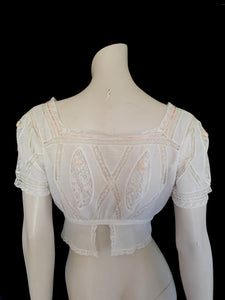 antique edwardian muslin corset cover blouse, lace inserts with ribbon rosettes - extra small