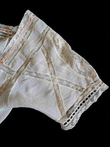 antique edwardian muslin corset cover blouse, lace inserts with ribbon rosettes - extra small