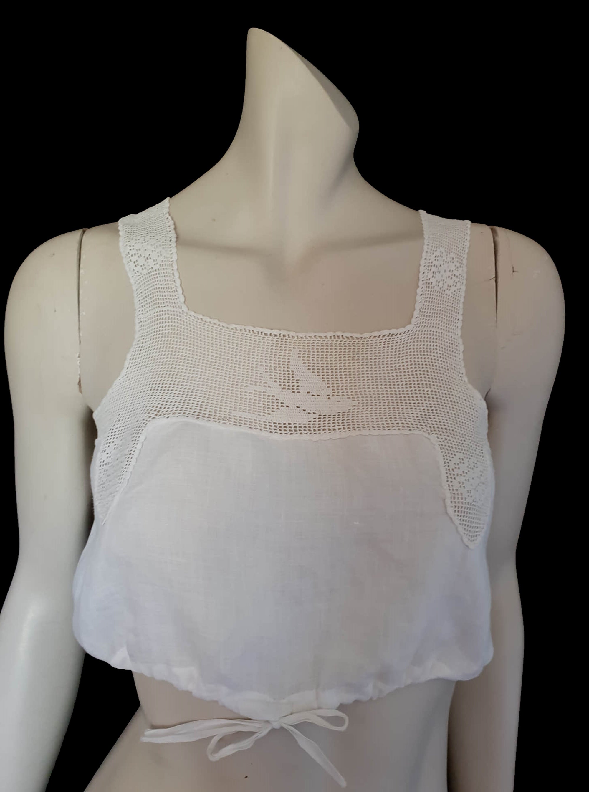 antique edwardian camisole crop top with bird design worked in filet crochet - Small