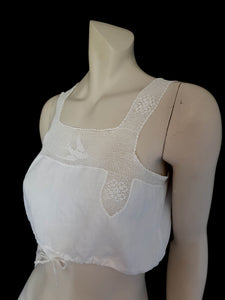 antique edwardian camisole crop top with bird design worked in filet crochet - Small