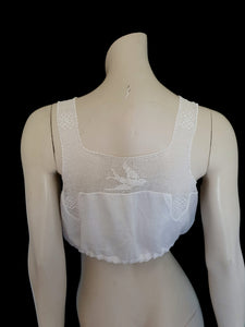 antique edwardian camisole crop top with bird design worked in filet crochet - Small