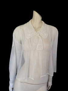 Antique edwardian ivory cotton mesh net blouse with lace inserts and pin tucks - Medium