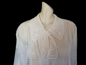 Antique edwardian ivory cotton mesh net blouse with lace inserts and pin tucks - Medium