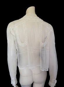 Antique edwardian ivory cotton mesh net blouse with lace inserts and pin tucks - Medium