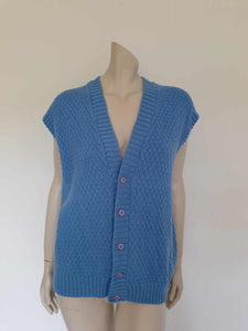 1970s 1980s vintage hand knit, wool, V neck vest with button front and drop shoulder - Large