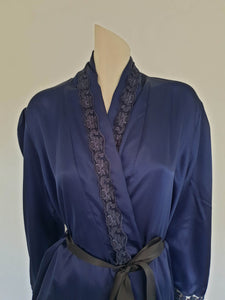 1980s navy blue satin robe with lace trim and shoulder pads - Large