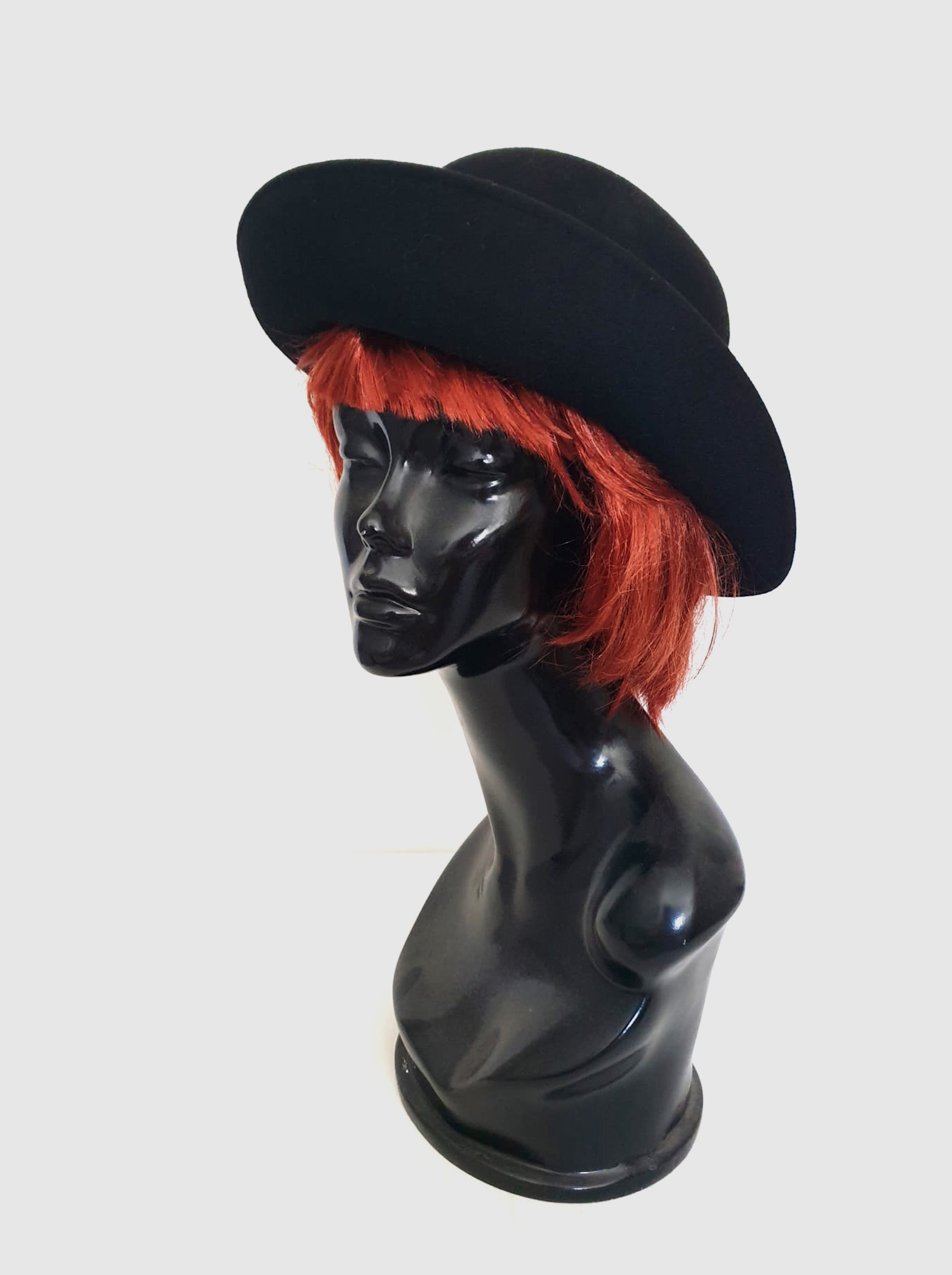 1980s vintage black felt hat with ribbon and feather trim