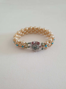 1950s vintage faux pearl and turquoise bracelet with flower clasp