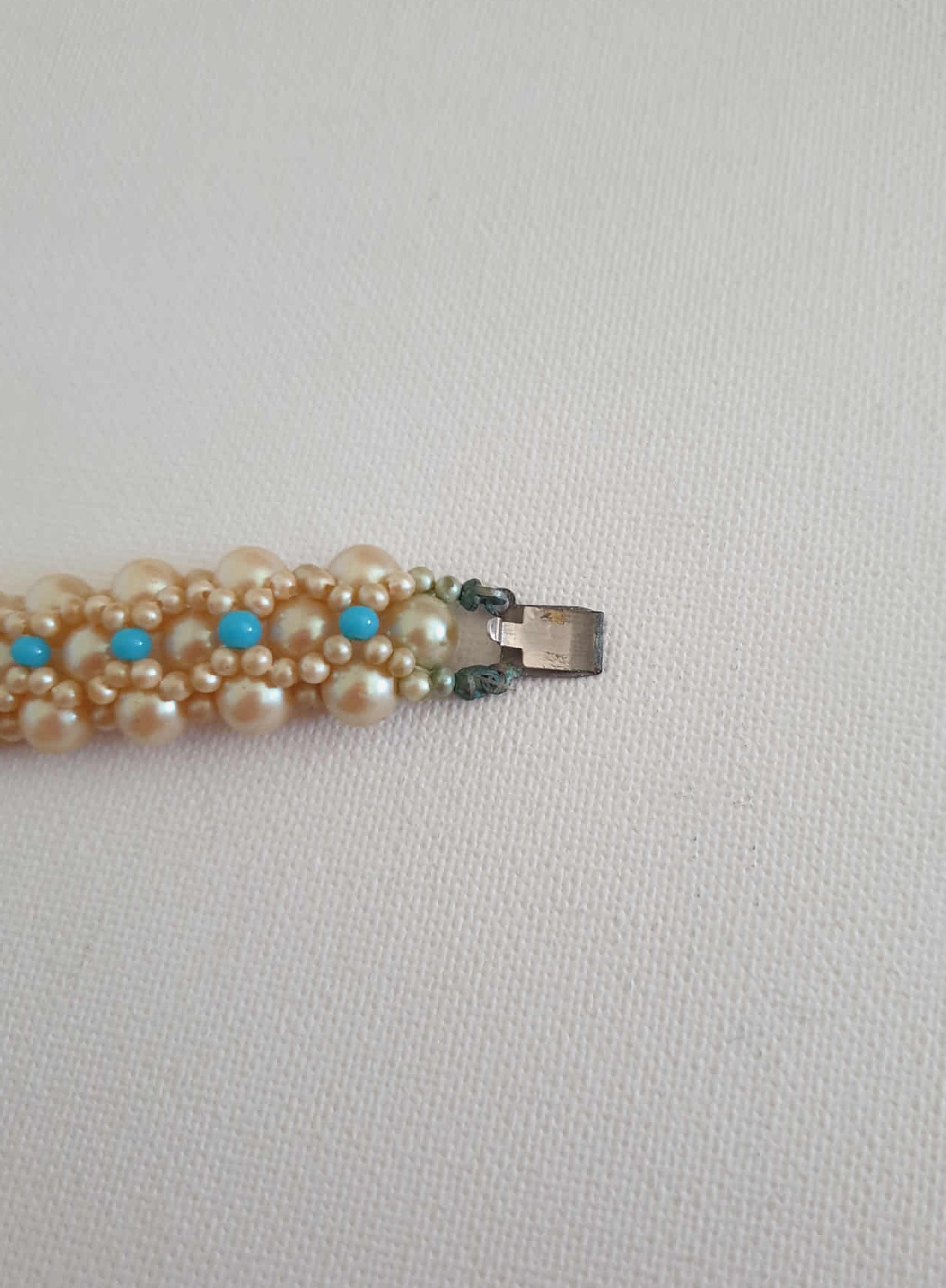 1950s vintage faux pearl and turquoise bracelet with flower clasp