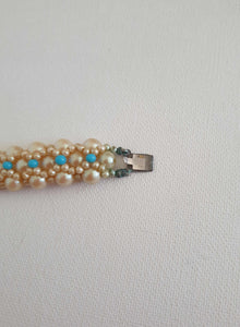 1950s vintage faux pearl and turquoise bracelet with flower clasp