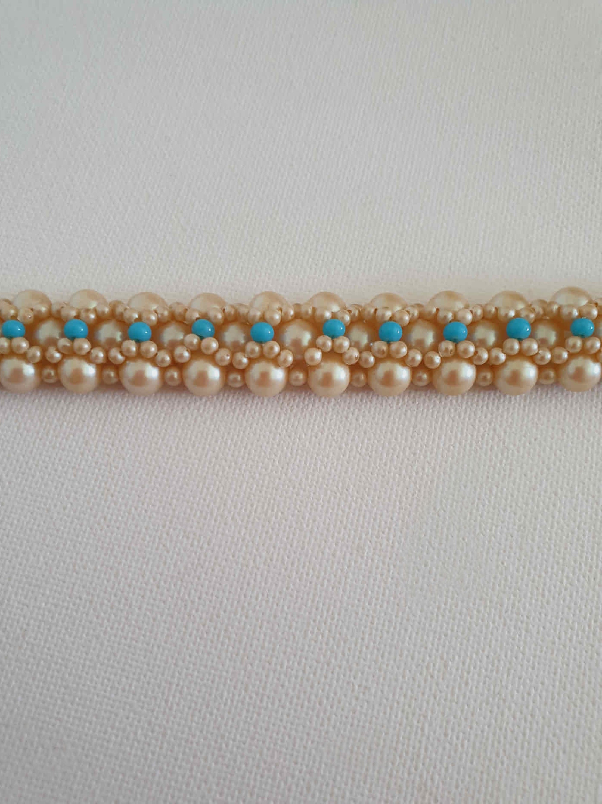 1950s vintage faux pearl and turquoise bracelet with flower clasp