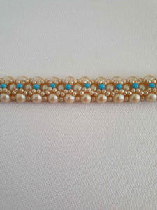 1950s vintage faux pearl and turquoise bracelet with flower clasp