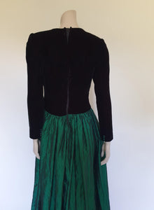 1980s prom dress - long sleeves - black and green - velvet and taffeta