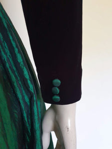 1980s prom dress - long sleeves - black and green - velvet and taffeta