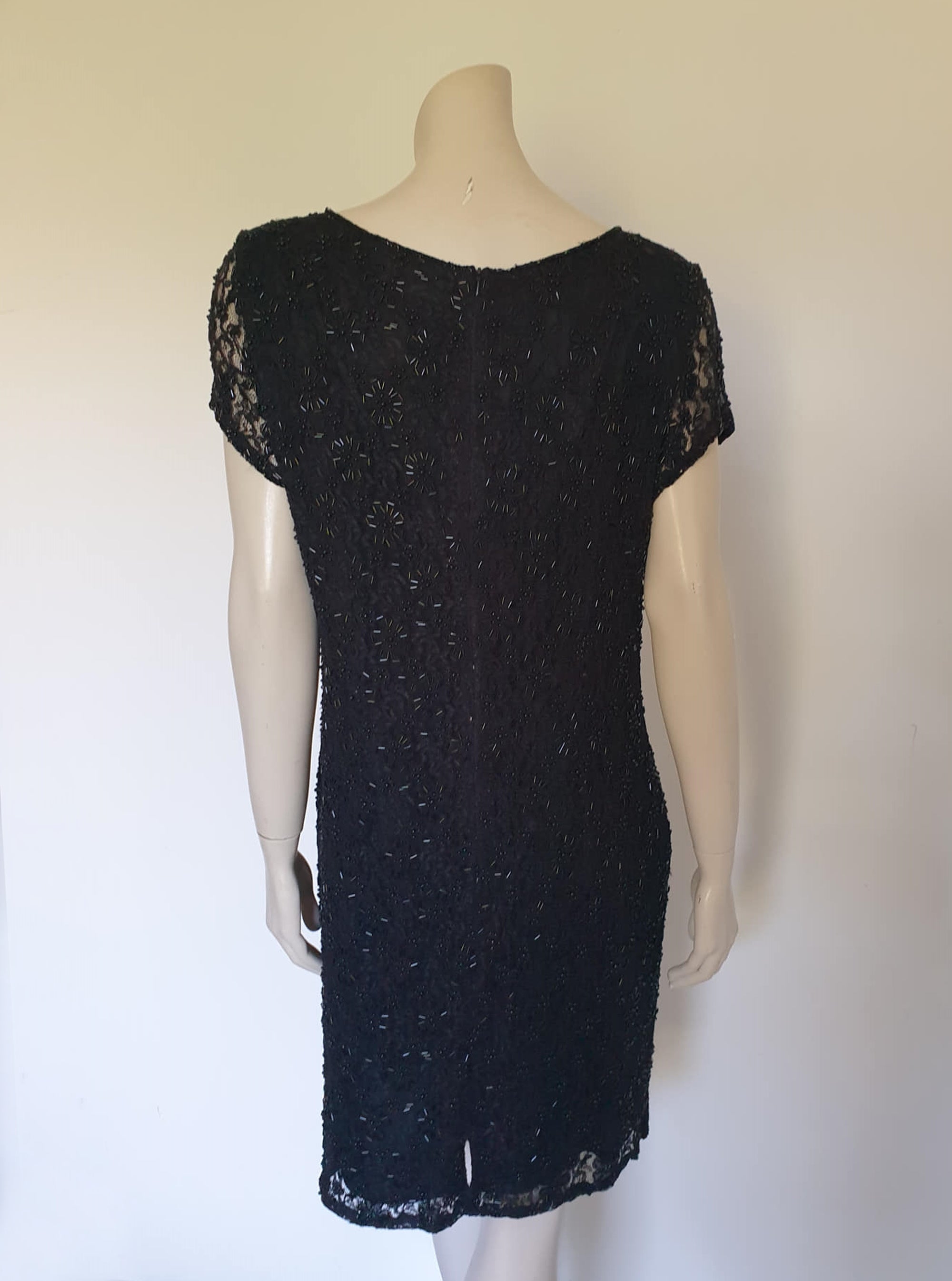 vintage black beaded lace cocktail dress - 1990s - Large