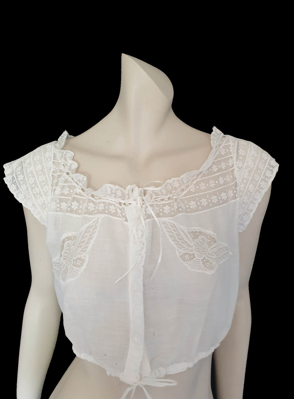 Antique , Edwardian, lacy camisole with bird lace insets - cottagecore, boho - Small