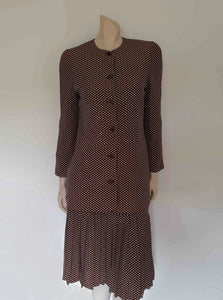 vintage early 1990s maroon brown floral spot skirt suit with pleated skirt by Fletcher Jones - Medium