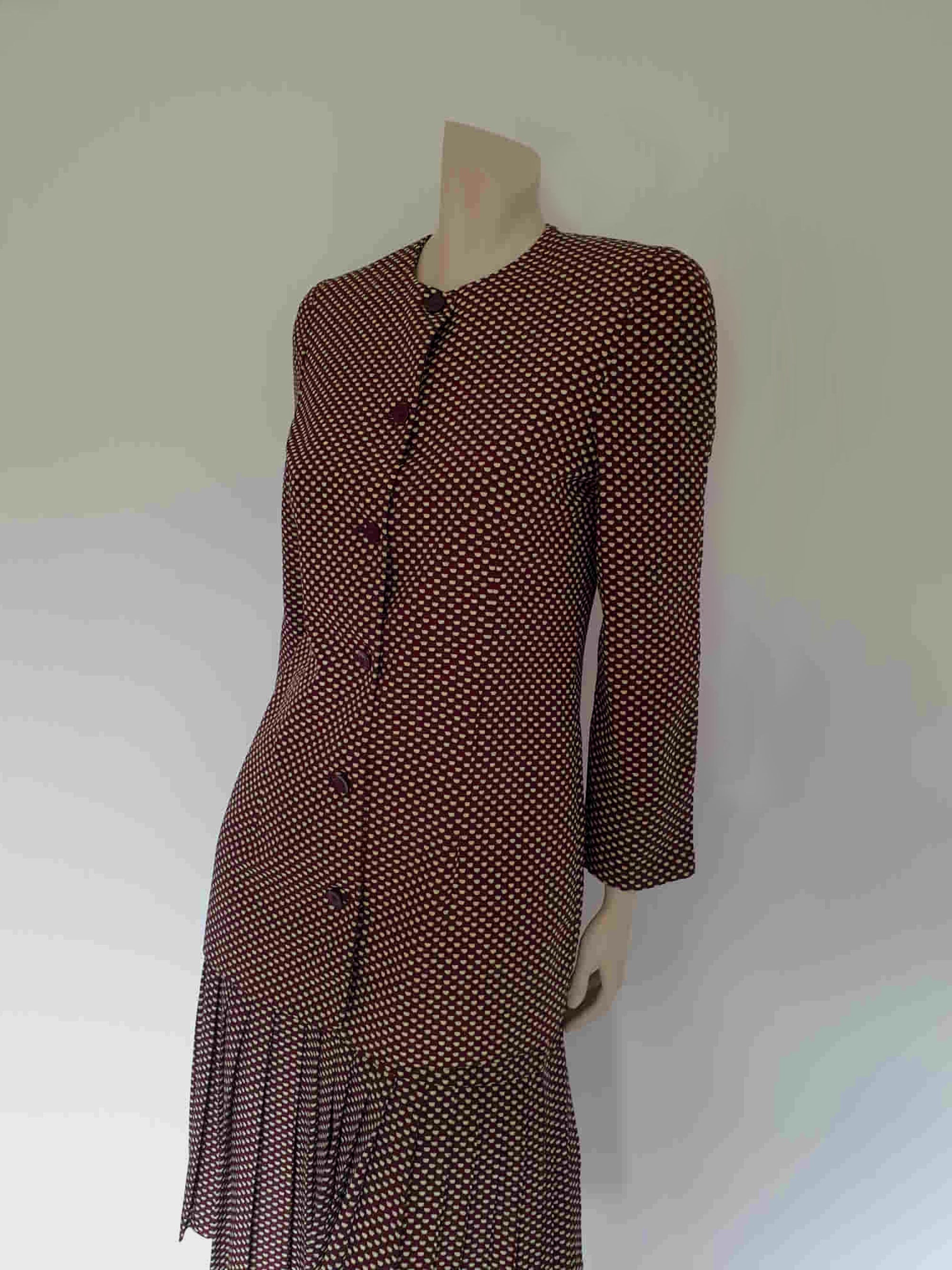 vintage early 1990s maroon brown floral spot skirt suit with pleated skirt by Fletcher Jones - Medium