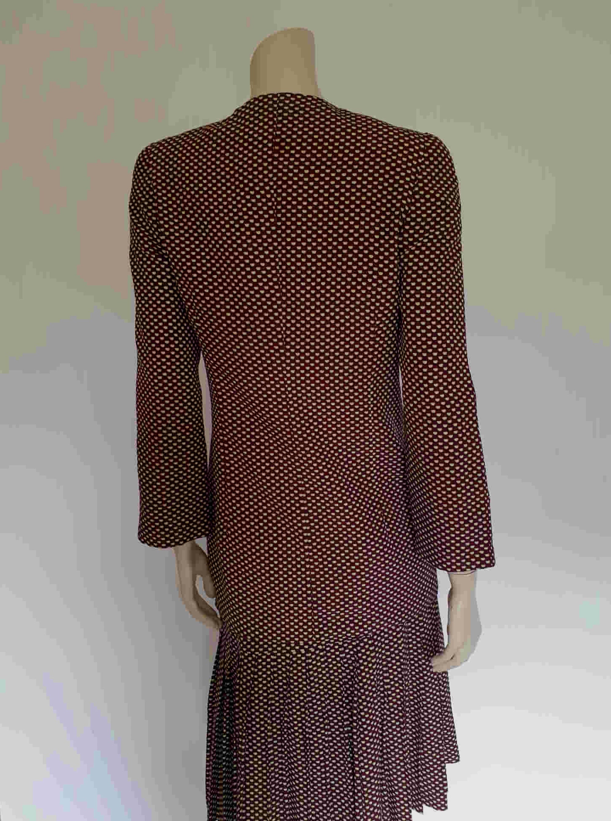 vintage early 1990s maroon brown floral spot skirt suit with pleated skirt by Fletcher Jones - Medium