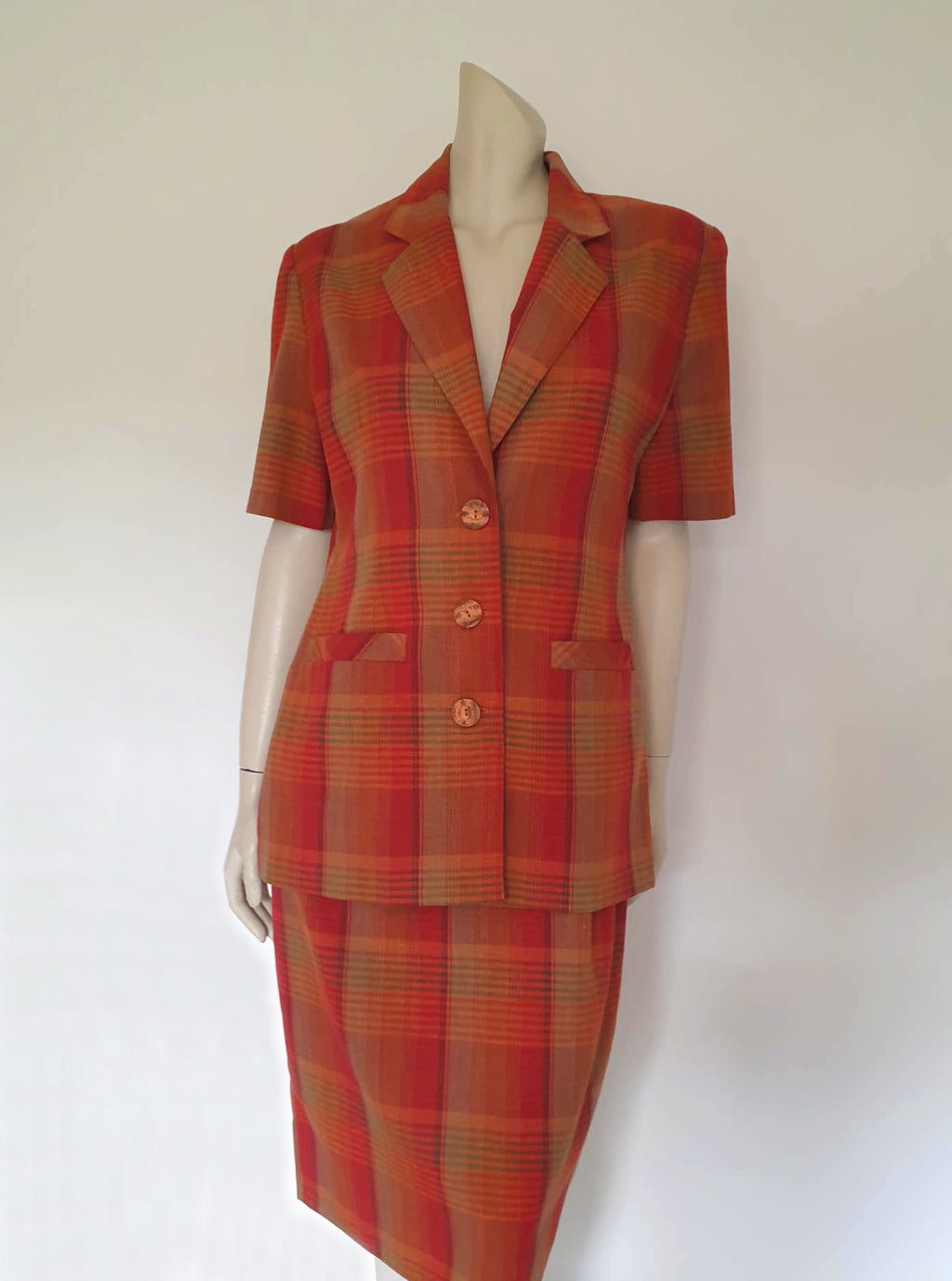 1980s vintage burnt orange and coral striped short sleeved skirt suit, power dressing - Medium