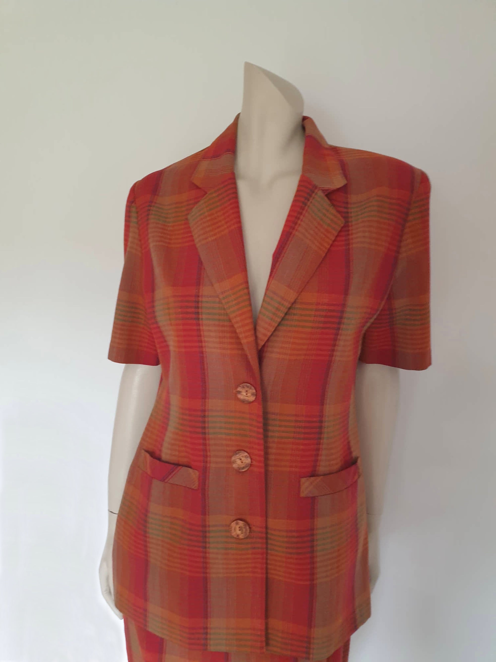 1980s vintage burnt orange and coral striped short sleeved skirt suit, power dressing - Medium