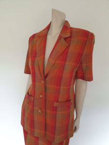 1980s vintage burnt orange and coral striped short sleeved skirt suit, power dressing - Medium