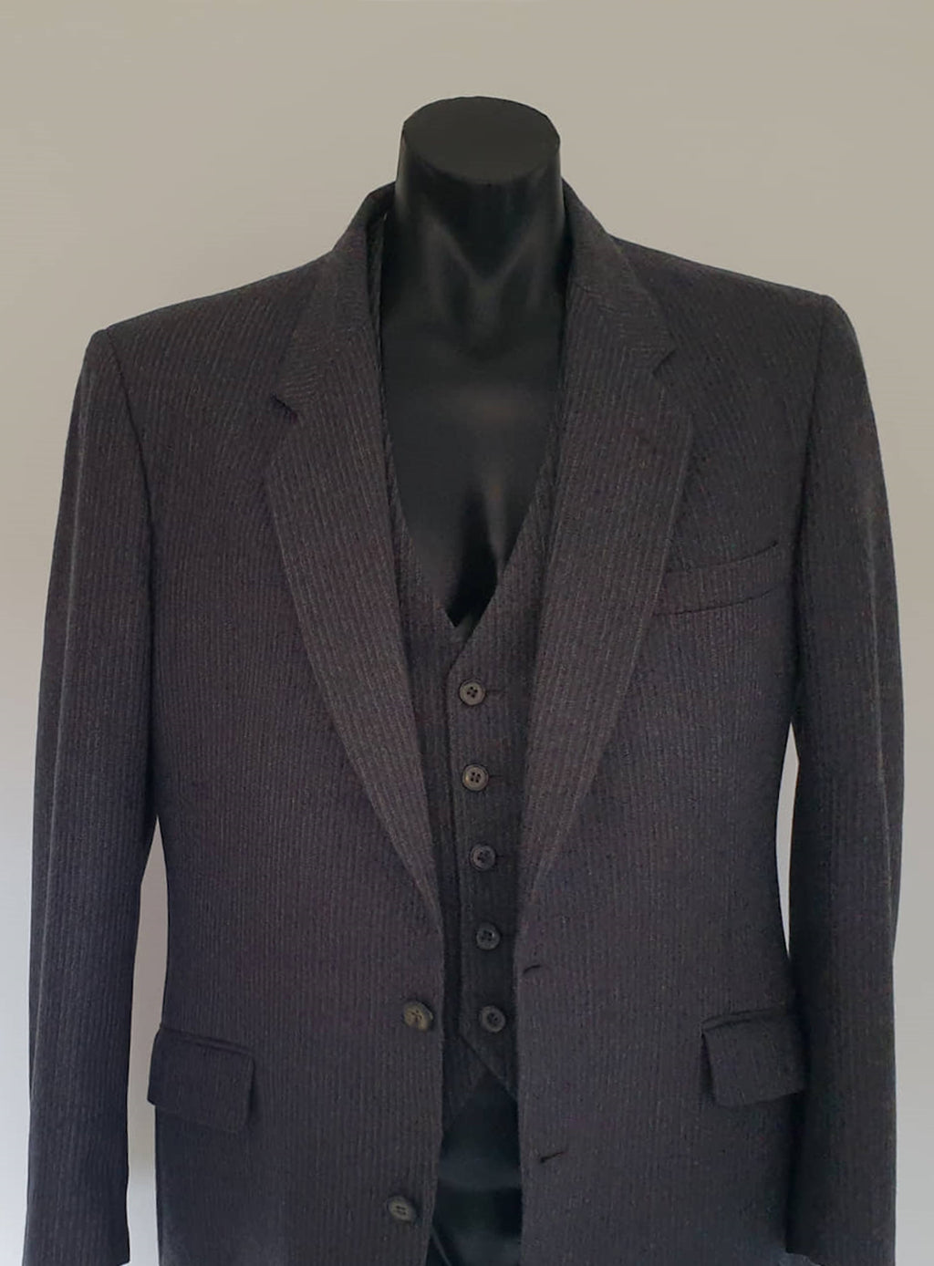 1980s vintage grey striped wool suit jacket and vest by American Tailors - Size 107R