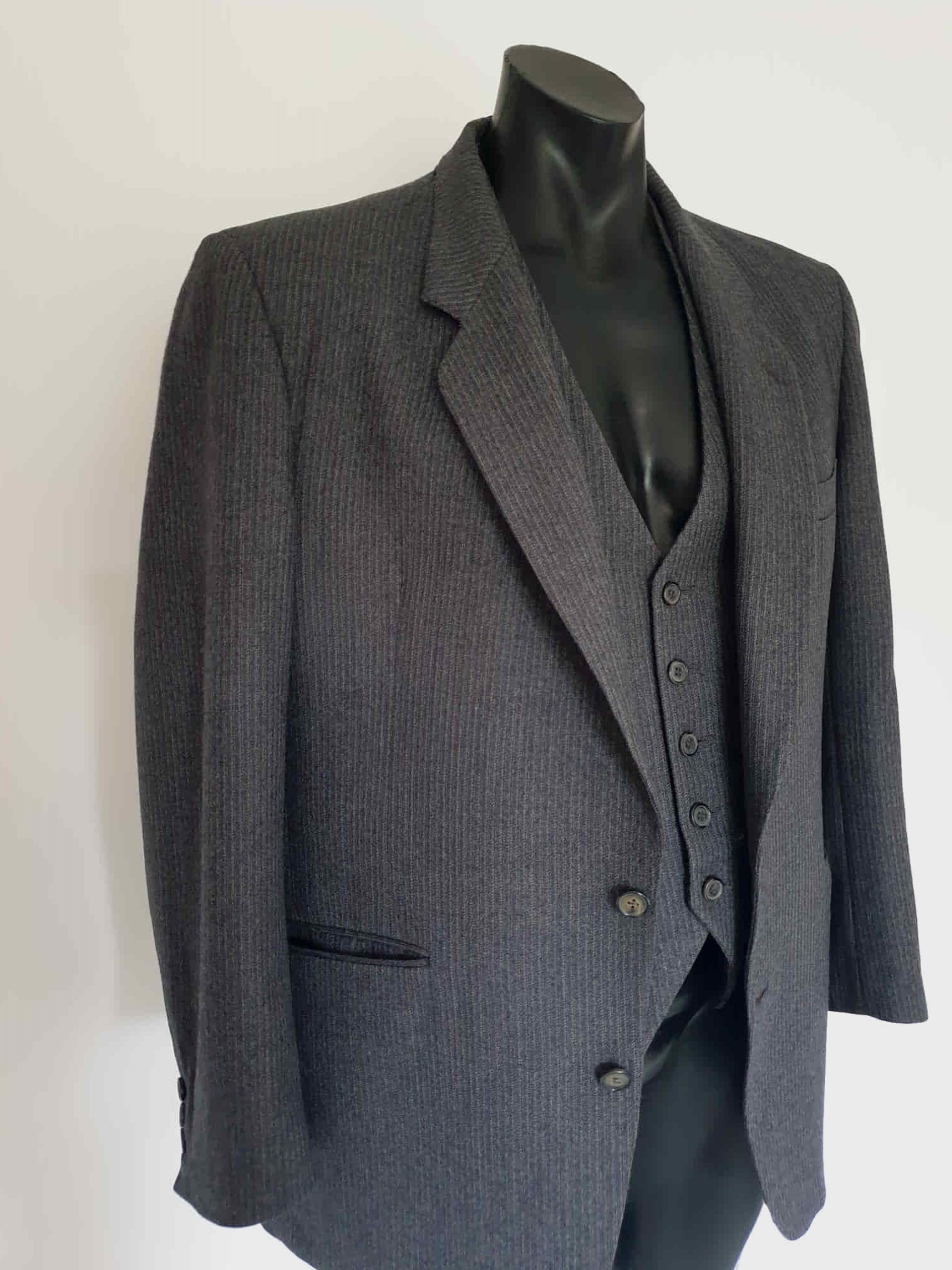 1980s vintage grey striped wool suit jacket and vest by American Tailors - Size 107R