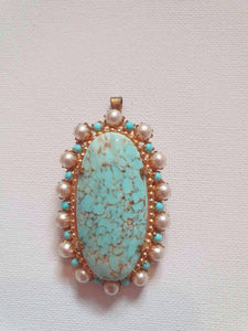 vintage turquoise and pearl brooch or pendant