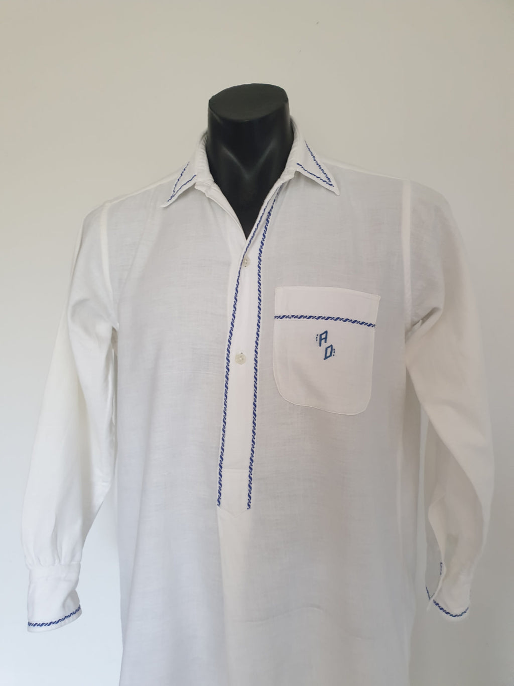 1930s white flannel mans nightshirt with blue and white trim and embroidered monogram AD- Large